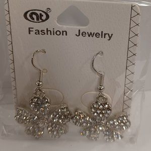 Floral Design Drop Earrings - Silver with Decorative Stones